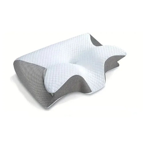 Contoured memory foam pillow in grey and white, shown from the front