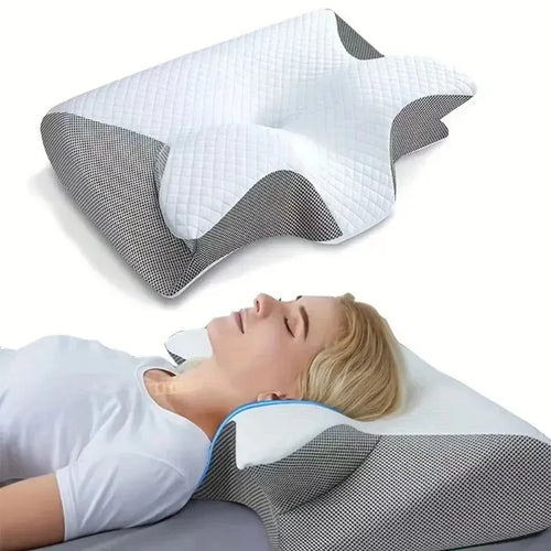 The pillow shown in use, with the sleeper's head resting in the centre hollow