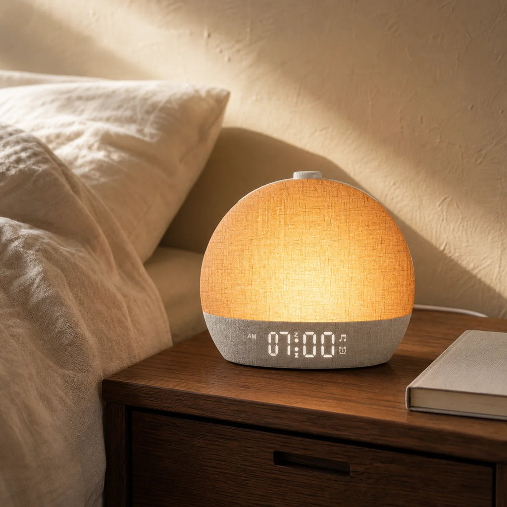 Sunrise alarm clock on a walnut bedside table in warm morning light.