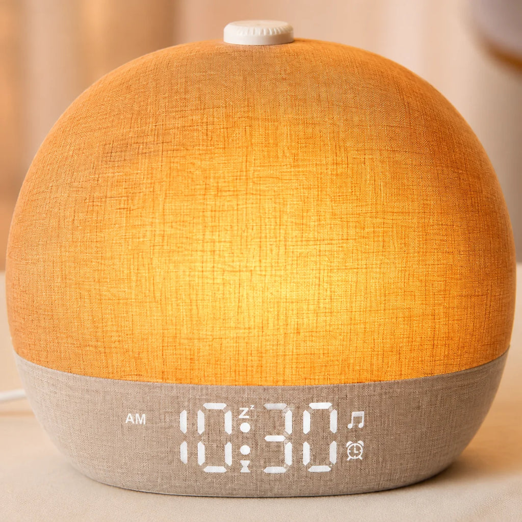 Close-up of the clock’s woven shade, top button and illuminated time display.