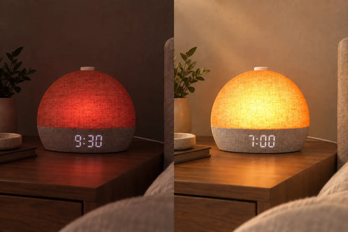 The same Rovelet clock in dim red evening mode and golden sunrise mode, shown side by side.
