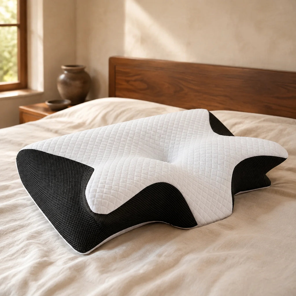 Contoured memory foam pillow resting on ivory bedding beside a walnut headboard.