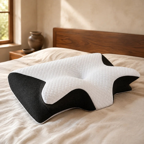 Contoured memory foam pillow resting on ivory bedding beside a walnut headboard.