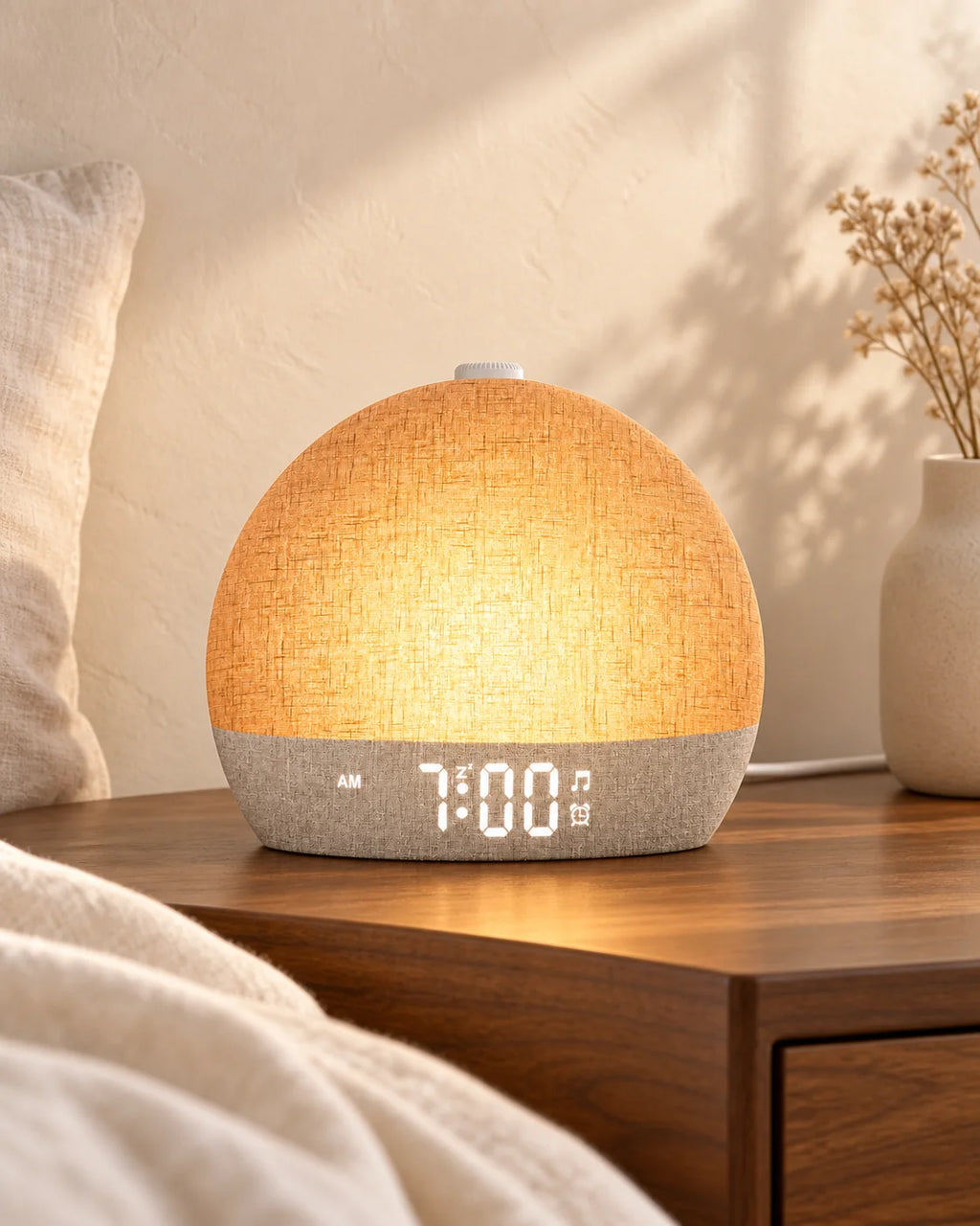 Sunrise alarm clock on a walnut bedside table in soft morning light, with linen shade and power lead.
