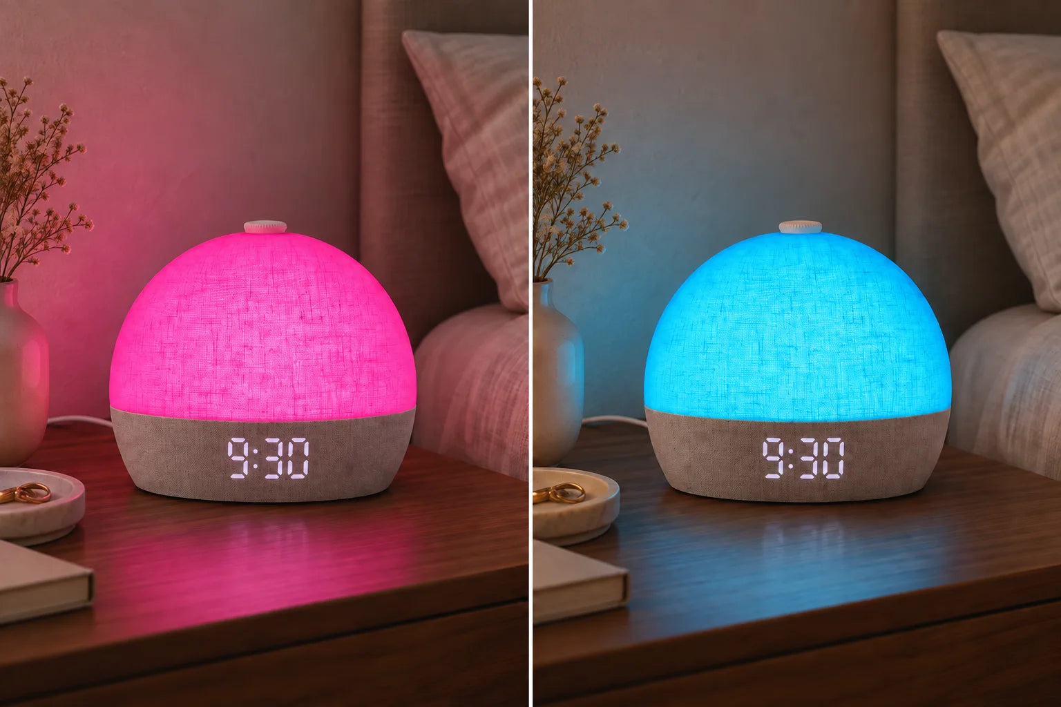 The same linen clock glowing pink and blue on a walnut bedside table