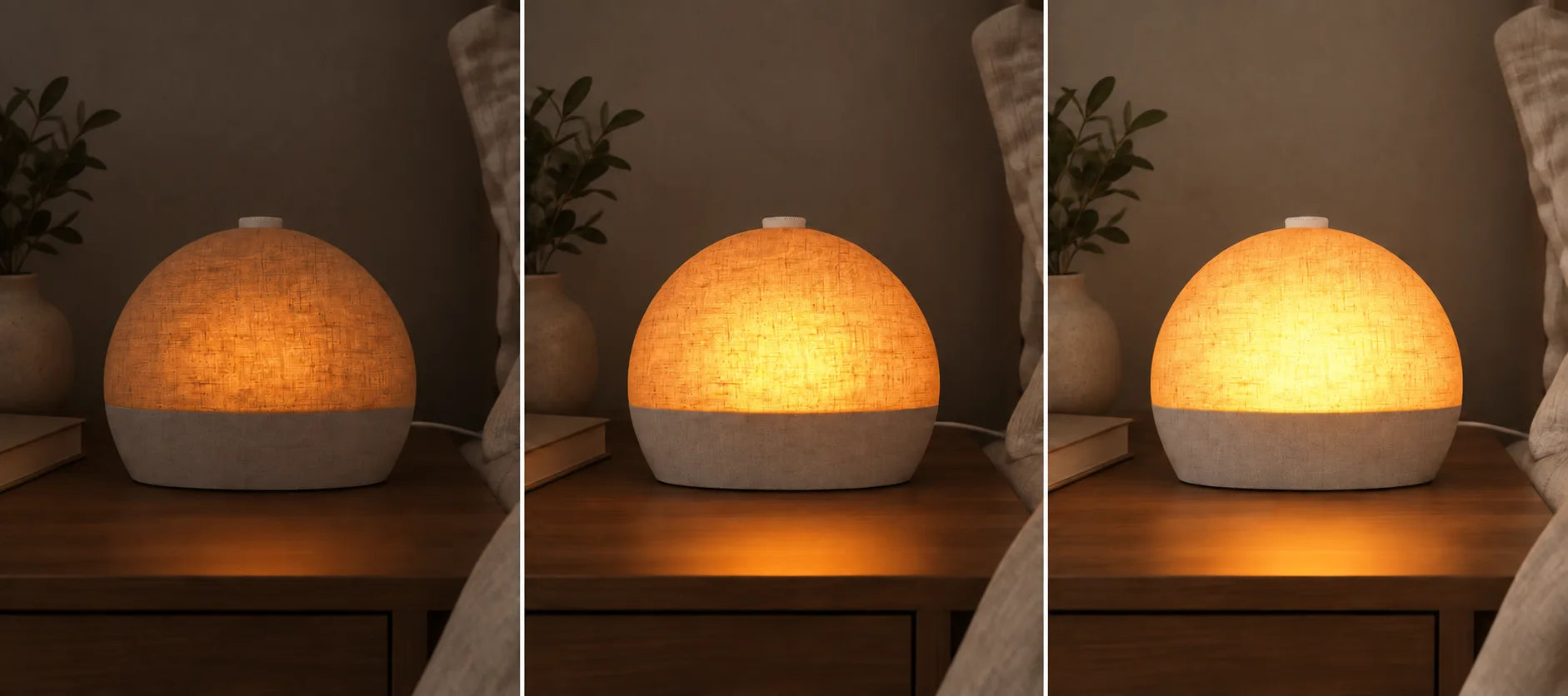 Three illustrative stages of the same clock gradually brightening from dim amber to golden sunrise light